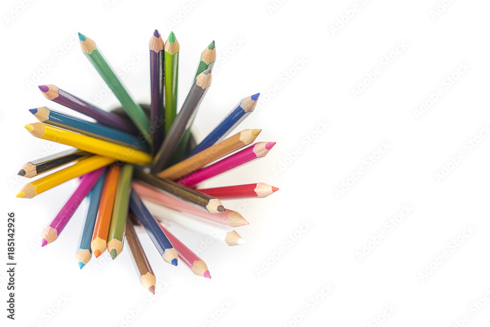 Close up of colorful colored pencil set isolated on white background.
