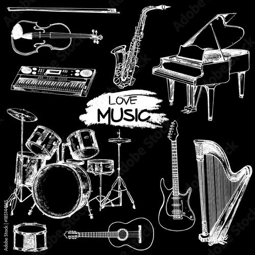 Hand drawn sketch style musical instruments. Vector illustration isolated on black background.