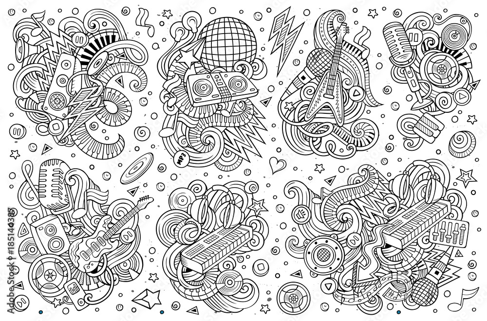 Obraz premium Vector doodles cartoon set of disco music objects combinations