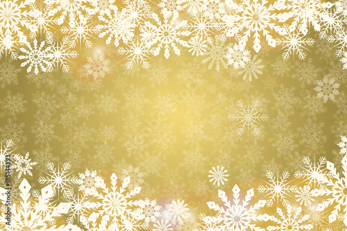 Golden snowy background. Winter holiday and Christmas vector illustration with white snowflakes. photo