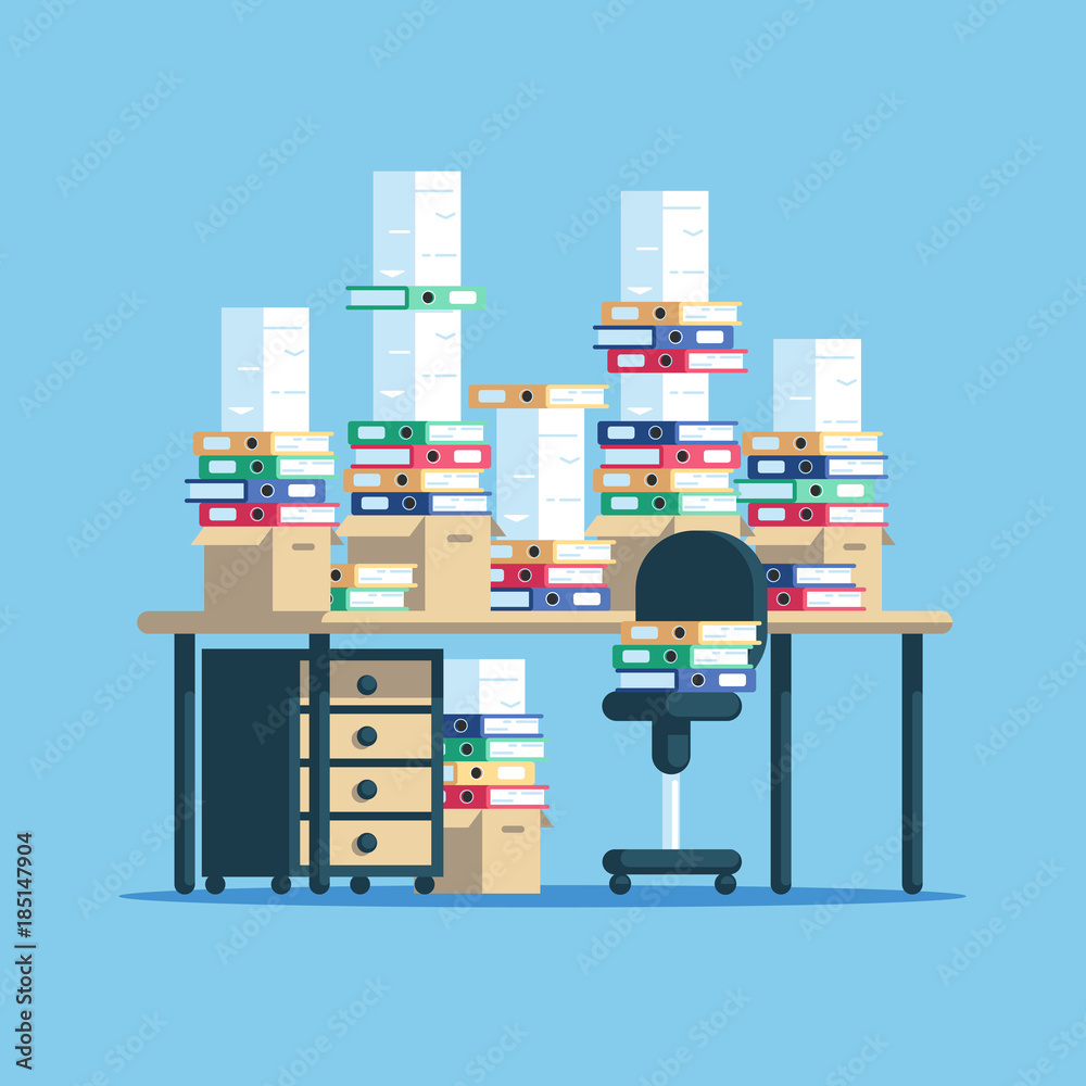Huge pile of paper documents and boxes with file folders on table and chair. The workplace is cluttered with stacks of paper. Paperwork vector flat illustration