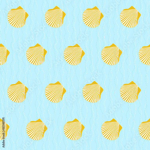 Camino de Santiago sign. Yellow scallop shells on the blue background. Seamless pattern. Pilgrims navigation sign. Symbol of the Camino de Santiago in Spain.