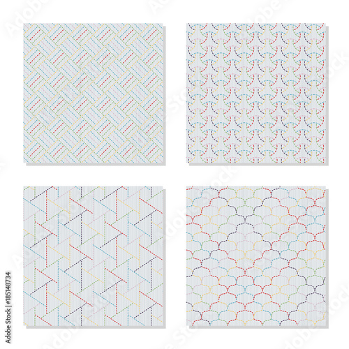 Four Asian embroidery motifs. Japanese sashiko ornaments. Series. Abstract Seamless patterns. Simple textures. Colorful stitches on the white background. For pattern fills, handicraft for decoration.