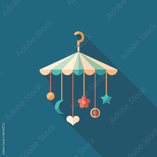 Baby crib hanging toys flat square icon with long shadows.