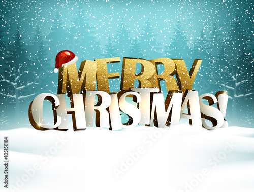 Snowfall in the winter forest landscape. Merry Christmas voluminous inscription on the Christmas Background with fir trees and snowdrifts.