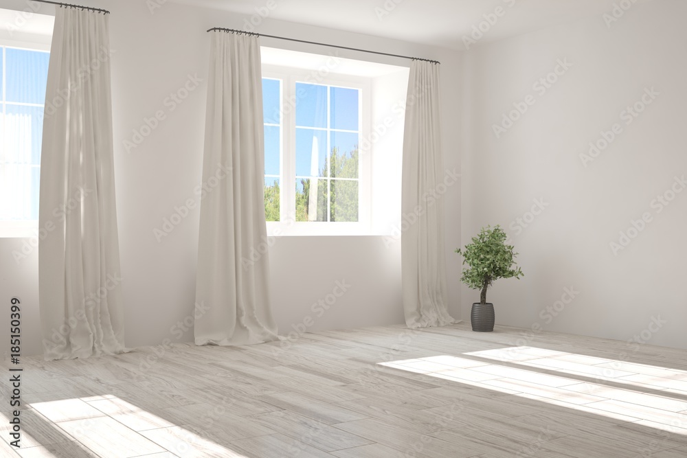White empty room with summer landscape in window. Scandinavian interior design. 3D illustration White empty room with summer landscape in window. Scandinavian interior design. 3D illustration