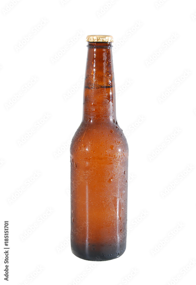 Bottle of beer with drops on white background. The file contains a path to cut.