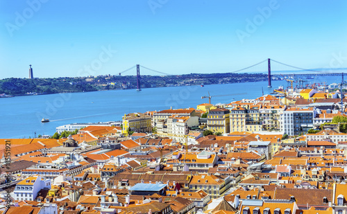 Tagus River Bridge April 25 Orange Roofs Lisbon Portugal