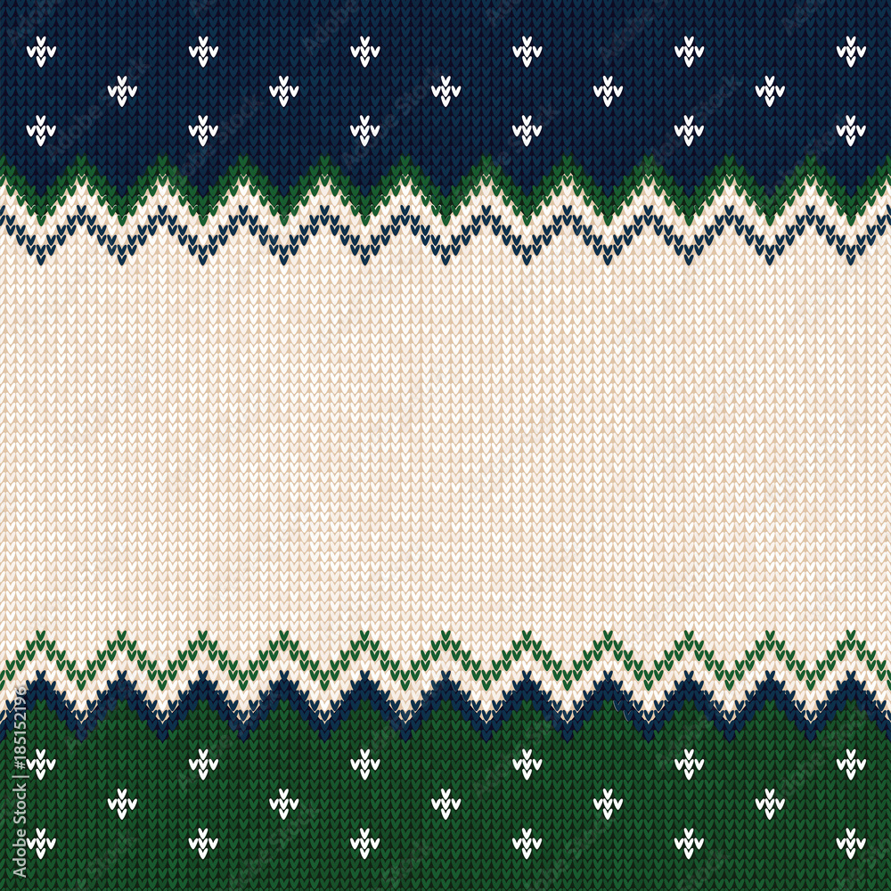 Ugly sweater Merry Christmas and Happy New Year greeting card frame border template. Vector illustration knitted background pattern with scandinavian ornaments. White, green, blue colors. Flat style Ugly sweater Merry Christmas and Happy New Year greeting card frame border template. Vector illustration knitted background pattern with scandinavian ornaments. White, green, blue colors. Flat style