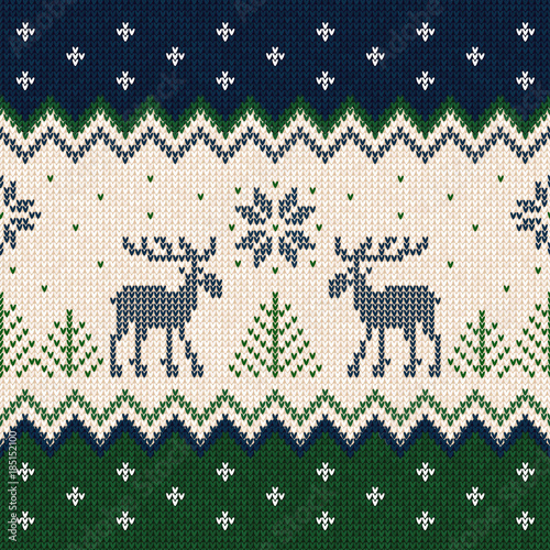 Ugly sweater Merry Christmas and Happy New Year greeting card frame border template. Vector illustration seamless knitted background pattern deers scandinavian ornaments. White, blue, green colors.