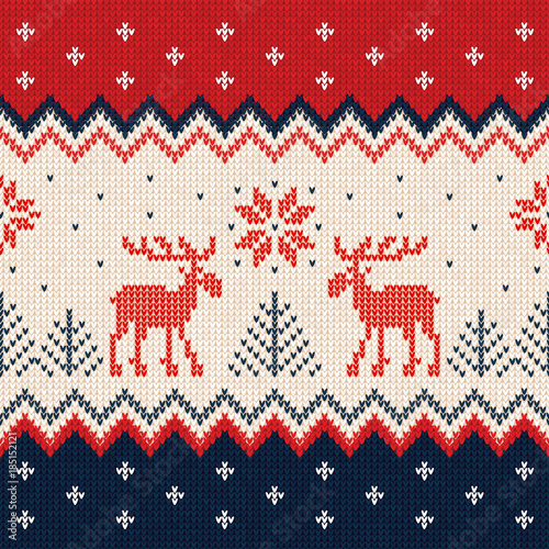 Ugly sweater Merry Christmas and Happy New Year greeting card frame border template. Vector illustration seamless knitted background pattern deers scandinavian ornaments.. White, red, blue colors.