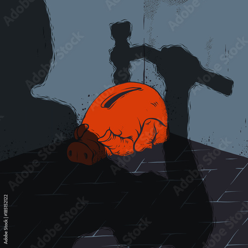 Crisis vector illustration. Frightened piggy bank and shadow of a man with hummer. Good for article about financial crisis.