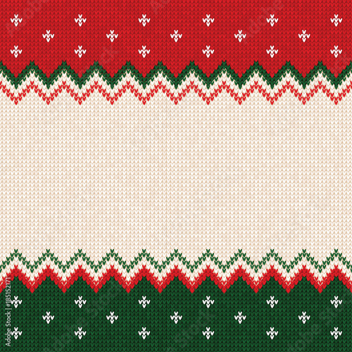 Ugly sweater Merry Christmas and Happy New Year greeting card frame border template. Vector illustration knitted background pattern with scandinavian ornaments. White, red, green colors. Flat style