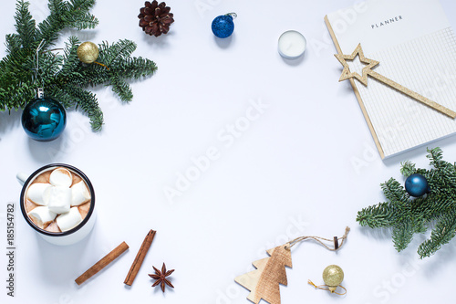 Christmas, New Year white frame. Winter holiday flat lay. Top view. Copy space