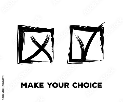 Yes and No Vector Set Square Frames, Isolated.  Hand Painted Election, Quizz, Voting, Test Symbols. Ink Brush Rejection and Approval, Query Choice Icons. Yes and No Tick and Cross Symbolic Marks.