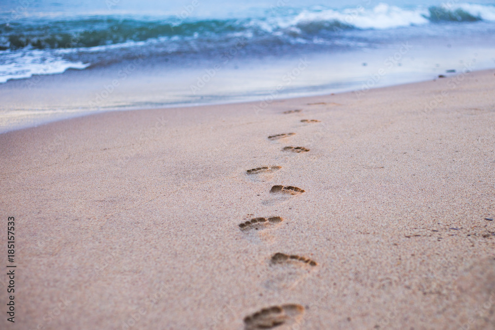Human footprints on the sand beach. Travel vacations concept. Human footprints on the sand beach. Travel vacations concept.