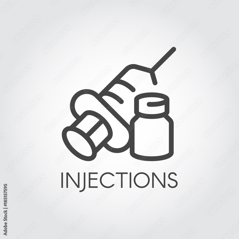 Injection icon drawing in outline style. Contour syringe sign with