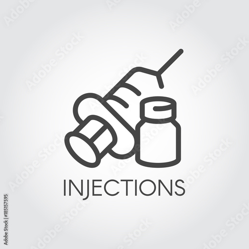 Injection icon drawing in outline style. Contour syringe sign with needle and medication. Medical symbol, vaccination, treatment concept. Web button or logo for websites and mobile apps. Vector
