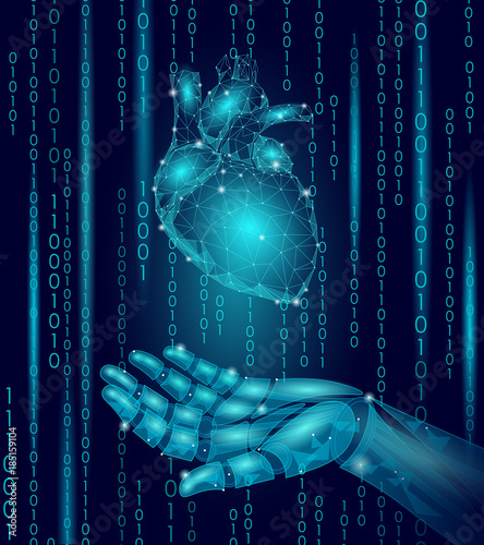 Human heart robot android hand low poly. Polygonal geometric particle design. Innovation medicine technology future humanoid doctor binary code background vector illustration