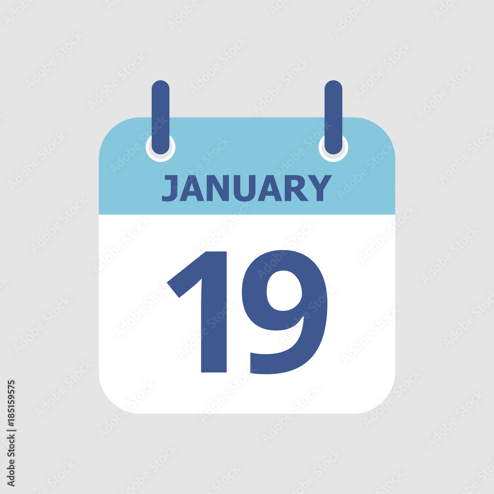 Flat icon calendar 19th of January isolated on gray background. Vector illustration. Flat icon calendar 19th of January isolated on gray background. Vector illustration.