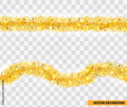 Christmas festive traditional decorations golden lush tinsel. Xmas ribbon garland isolated. Holiday realistic decor element. Tinsel for christmas tree. Straight and curved festive frippery. Vector.