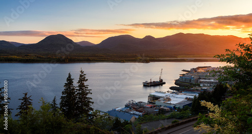 The late evening sun sets over Ketchikan, Alaska