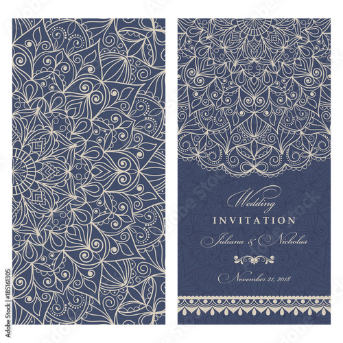Wedding invitation cards  baroque style blue and beige. Vintage  Pattern. Retro Victorian ornament. Frame with flowers elements. Vector illustration.