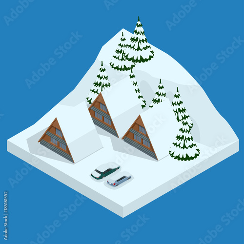 Ski resort, slope, people on the ski lift, skiers on the piste among white snow pine trees and hotel. Winter holiday web banner design. Vector isometric illustration.