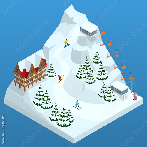 Ski resort, slope, people on the ski lift, skiers on the piste among white snow pine trees and hotel. Winter holiday web banner design. Vector isometric illustration.