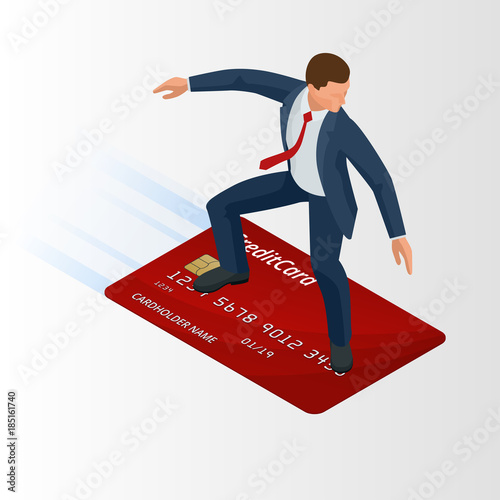 Isometric young businessman with surf credit card. They are enjoying the technology. Vector illustration