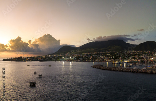Panorama of Basseterre  St Kitts after sunset with city lights.