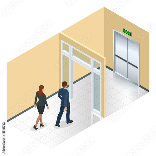 Businessman going exit door sign, emergency. Business solution or exit strategy concept. Leaving the office building. Isometric vector illustration