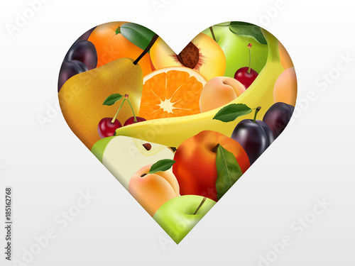 Heart with fruit, realistic style, juicy fruits, multifruit, Apple, pear, orange, peach, apricot, banana, cherry, plum.