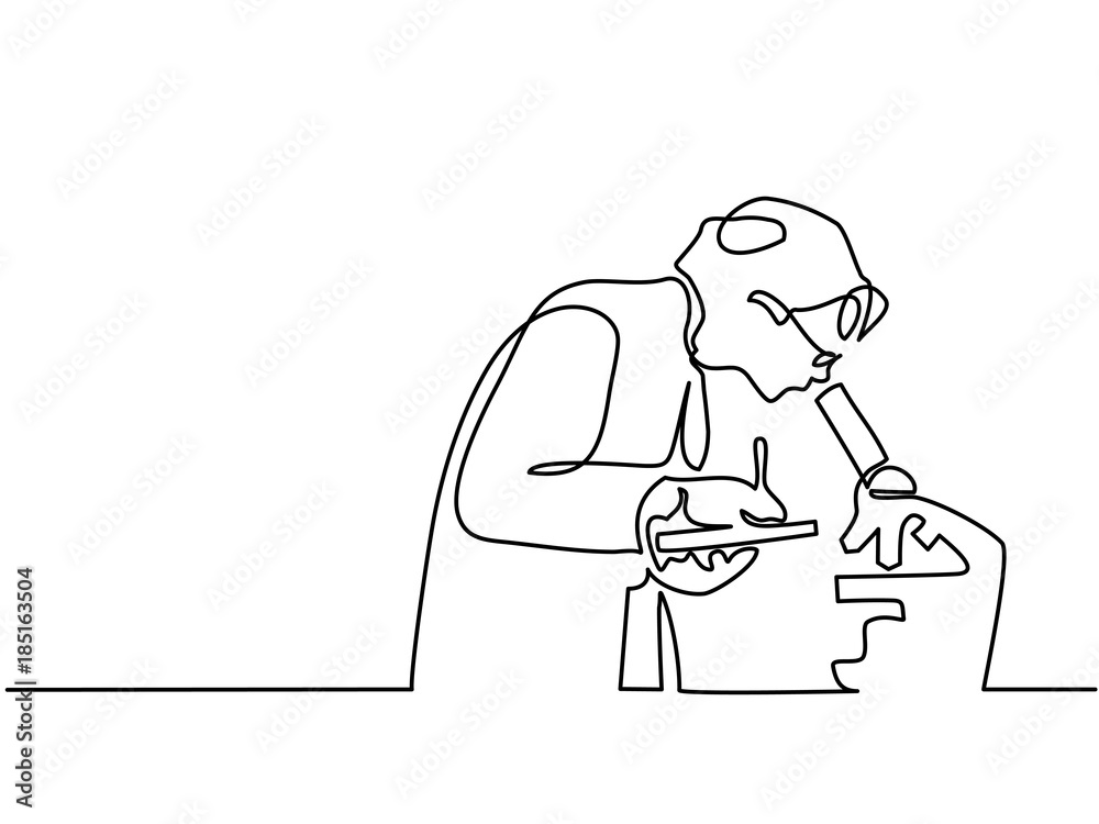 Scientist woman looking through microscope in laboratory. Continuous line drawing. Vector illustration on white background Scientist woman looking through microscope in laboratory. Continuous line drawing. Vector illustration on white background