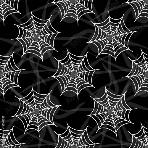 Black spider web seamless pattern with white spiders. Vector seamless background.