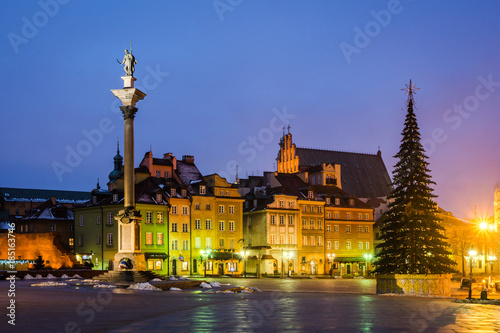 Column of Zygmunt and a Christmas tree in the Old Town in Warsaw, Poland