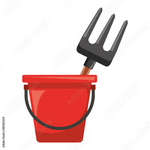 bucket with gardening rake vector illustration design