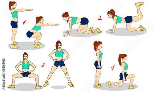 Set of exercises. Girl doing sport