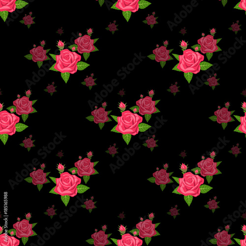 Seamless pattern with red roses on black background.