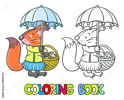 Little funny squirrel with umbrella. Coloring book