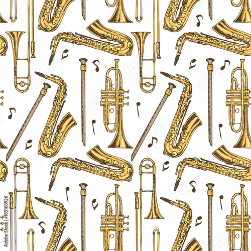 Seamless Pattern. Wind Instruments and Notes