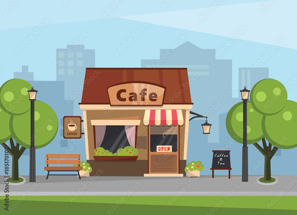 Obraz premium Building a cafe in the background of a large city. Vector illustration.
