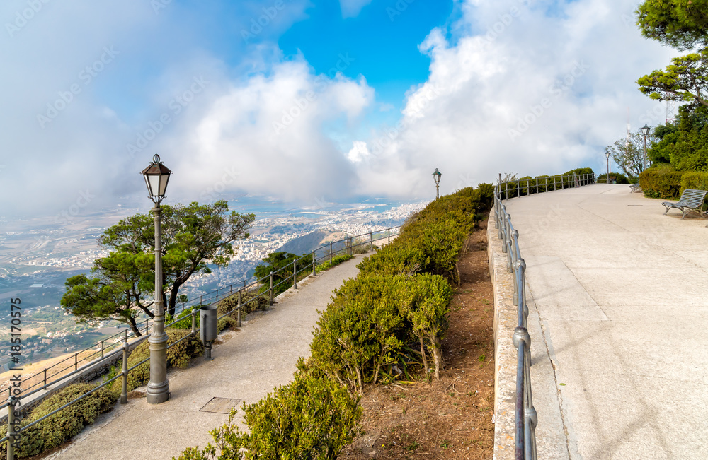 Promenade and viewpoint tu city Trapani from Venus Castle of Erice, Sicily, Italy 