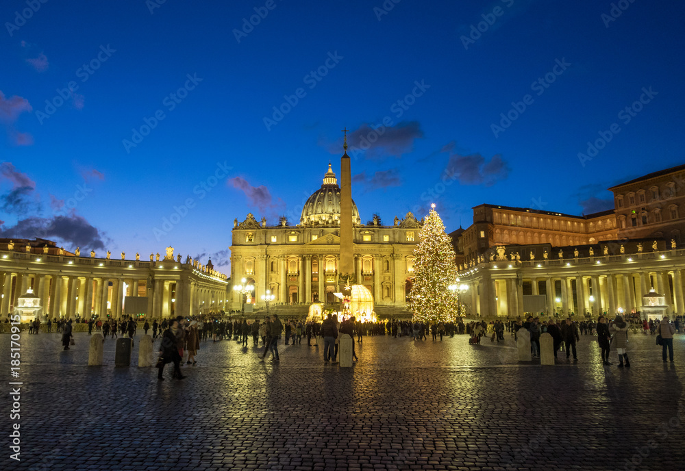 Rome, Italy - The Saint Peter basilica in Vatican with the dome during the Christmas holidays.