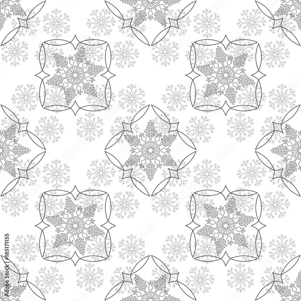 Seamless geometric pattern with snowflakes. Flat black elements on white background.