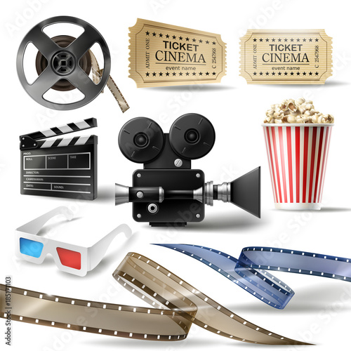 Cinema set of 3D realistic objects bucket with popcorn, reel, tape, glasses, camcorder, movie tickets and clapperboard. Vector colorful design elements of film industry isolated on white background