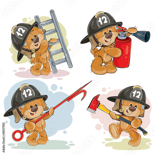 Set of vector teddy bears firefighters with rescue equipment, extinguisher, pike pole, ladder, axe. Cute cartoon characters with firefighting tools isolated on white background.