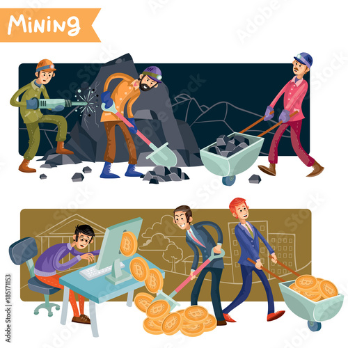 Bitcoin mining concept vector illustration. Miners extract ore in mountains. Businessmen get a cryptocurrency online using computer and collect virtual gold coins. Colorful banners for creative design