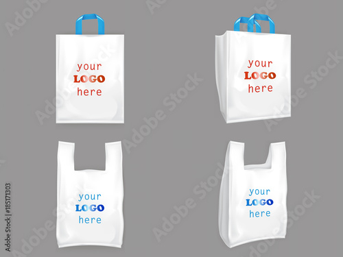 White vector plastic shopping bags with blue handles, disposable T-shirt bags packaging front and side view, 3D realistic illustrations isolated on gray background. Mock up, template for brand design