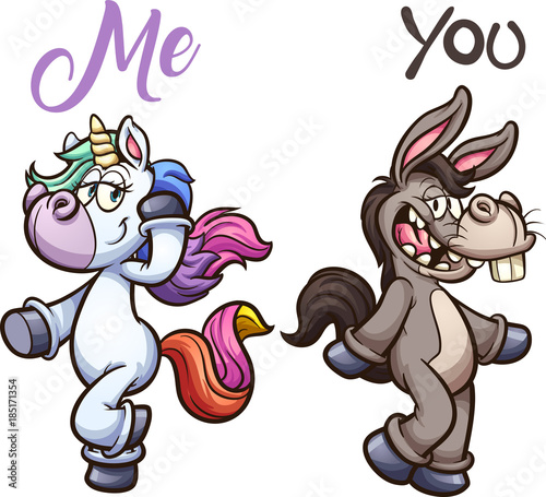 Unicorn and donkey posing. Vector clip art illustration with simple gradients. Each on a separate layer. 